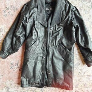 Black Real Leather Button-Front Long Jacket